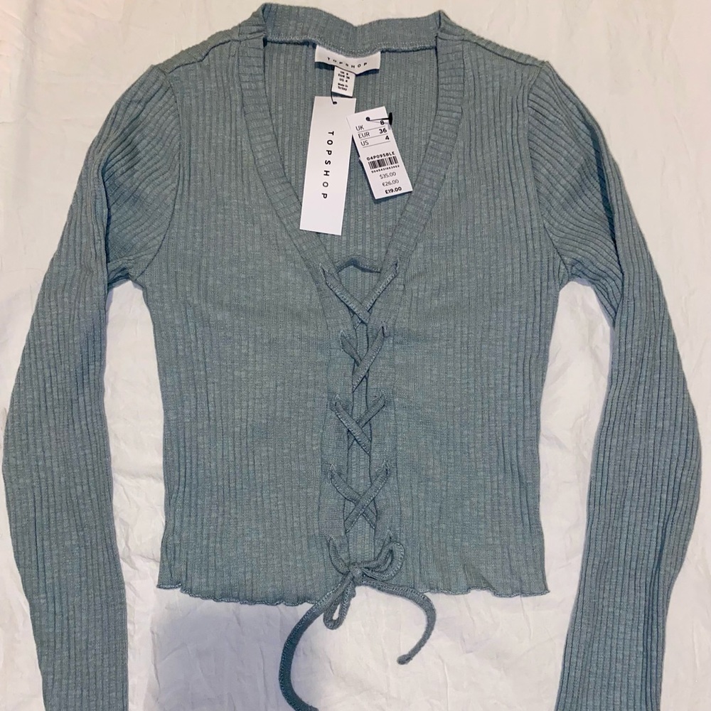 Topshop sage green longsleeve lace up cropped top